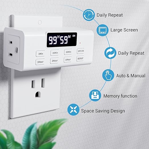 COKWEL Countdown Timer Outlet, Up to 99 Hours, Large Screen and Repeat Function, Inodoor Auto Shut Off Timers for Charger Light Vacation Security,Digital Timers for Electrical Outlets 2 Pack
