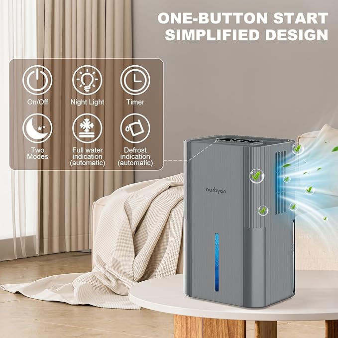 Aerbyon Dehumidifiers for Home 95 OZ Water Tank(1000 sq. ft) Dehumidifier for Bathroom with Auto Shut Off,7 Colors Light, Quiet Sleep Mode Dehumidifier for Bedroom, Basement, RV, Closet