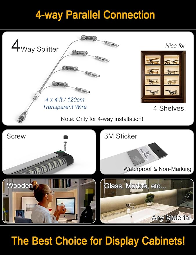 EBD LED Shelf Lights for Bookshelf Display Case Kitchen Counter Bar 4-Way 48” Splitter Parallel Under Cabinet Lighting Built-in Adjustable Cable 8 Panels 3600Lm 4500K Energy Closet Light