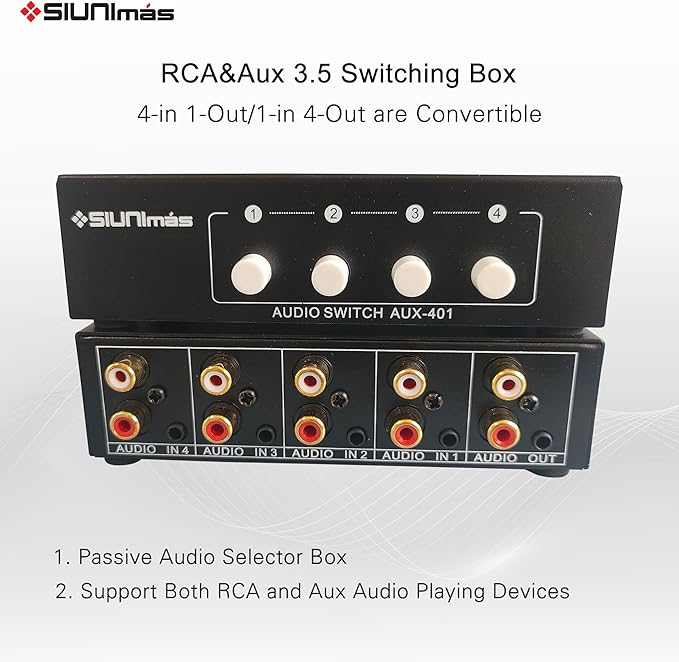 SIUNIMAS 4-in 1-Out RCA and 3.5mm Aux Audio Receiver Switching Box 4 Channels Audio Converter Passive Audio Selector Switch Box 1-in 4-Out (S401-RCA AUX)