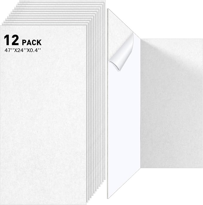 12 Pack Large Acoustic Panels, 47 x 24 x 0.4 Inch Self-adhesive Sound Absorbing Panel for Studio Home Office(White)