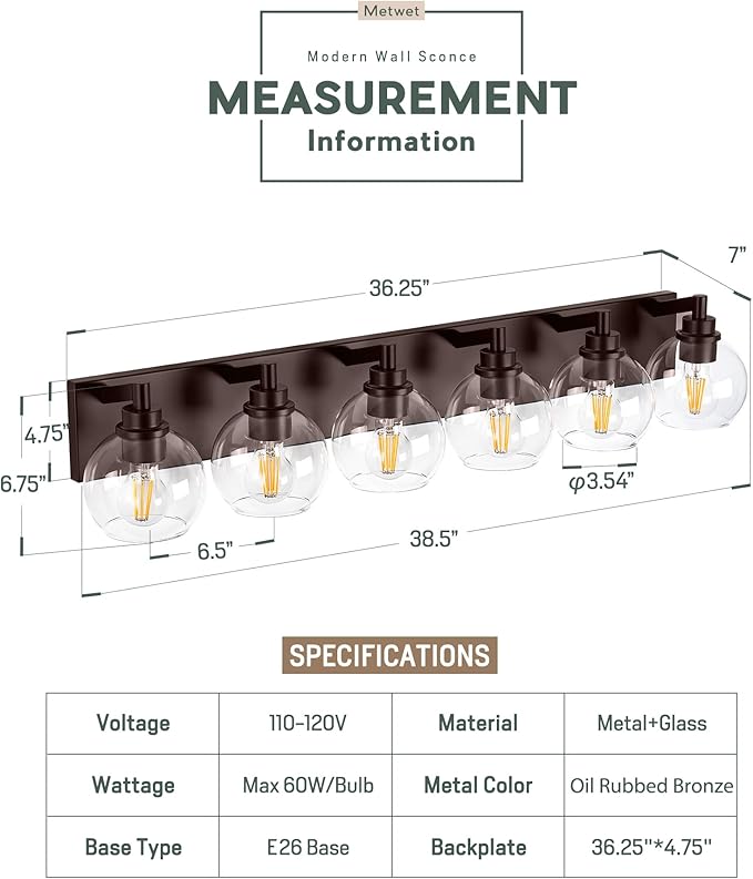 METWET Oil Rubbed Bronze Bathroom Light Fixtures, 6-Light Bathroom Vanity Lights Over Mirror with Globe Clear Glass Shade, 38 Inch Modern Sconces Wall Lighting, VL195-ORB-6