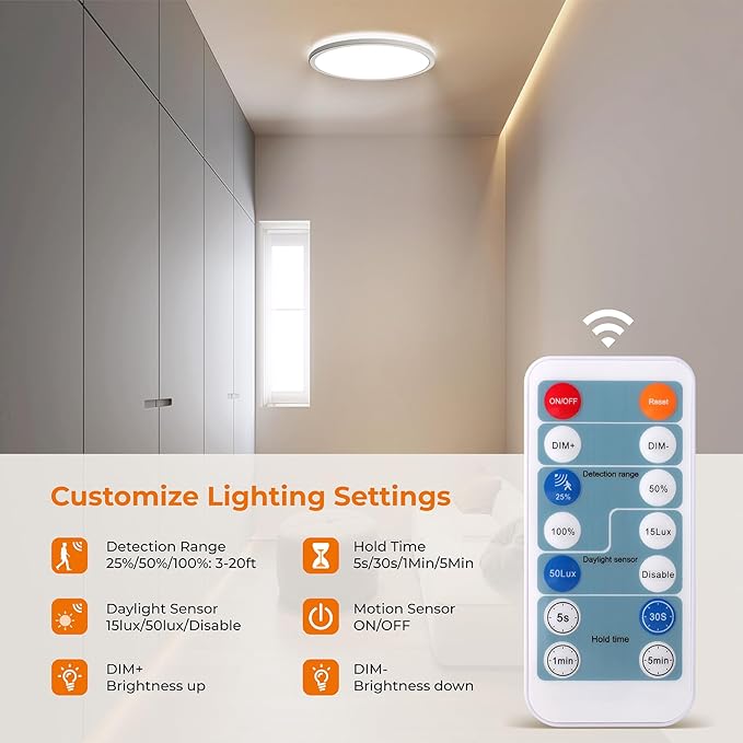 Matane 2Pack Motion Sensor LED Ceiling Light with Remote, 12 Inch Wired Flush Mount Ceiling Light 3000K 4000K 5000K, 2400LM Dimmable Motion Sensor Light Indoor for Closet Hallway Laundry Stairs White
