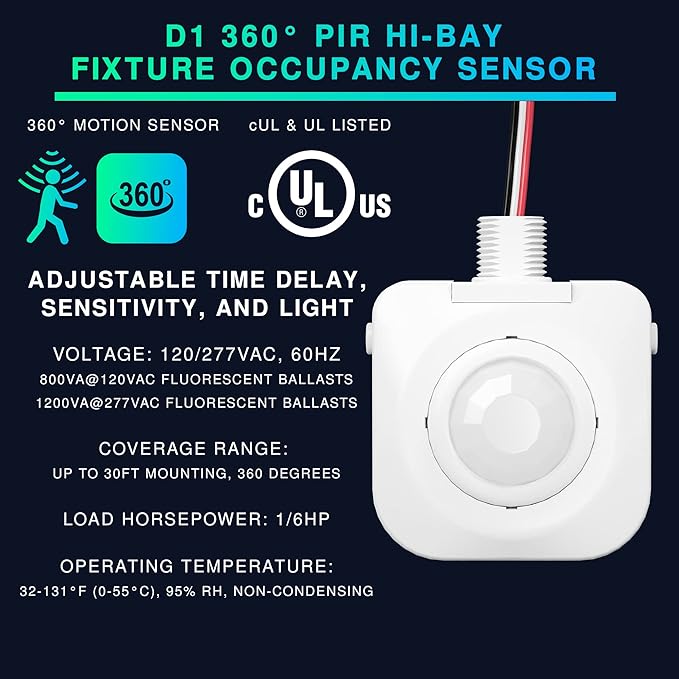 EverElectrix Ceiling Occupancy Motion Sensor, Passive Infrared Technology, High Bay Fixture Mount 360 Degree, Hard-Wired, 120-277 VAC, Commercial/Industrial Grade, 10-Pack