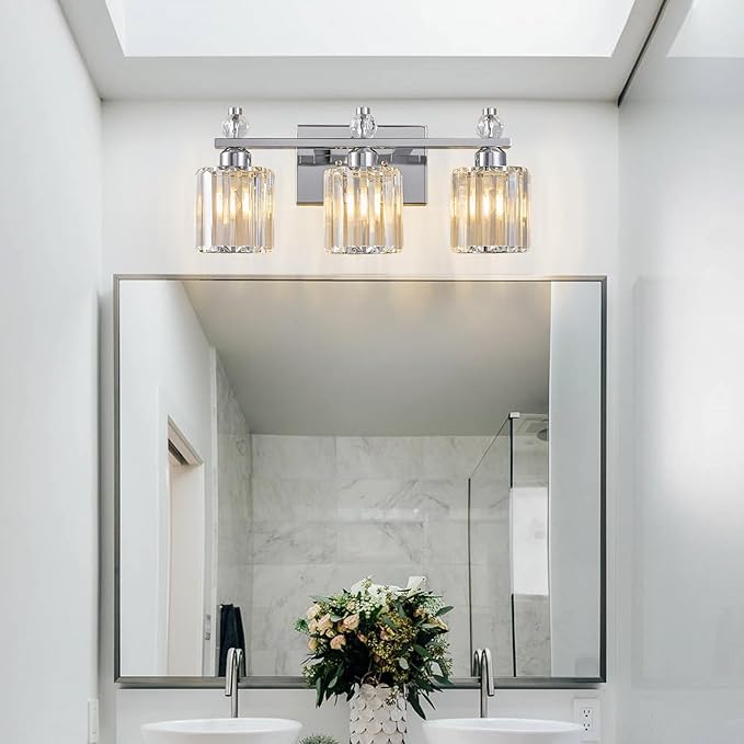 FDPBY Bathroom Vanity Lights 3-Light Chrome Modern Crystal Vanity Light Fixtures Over Mirror Crystal Bathroom Vanity Lighting Fixtures
