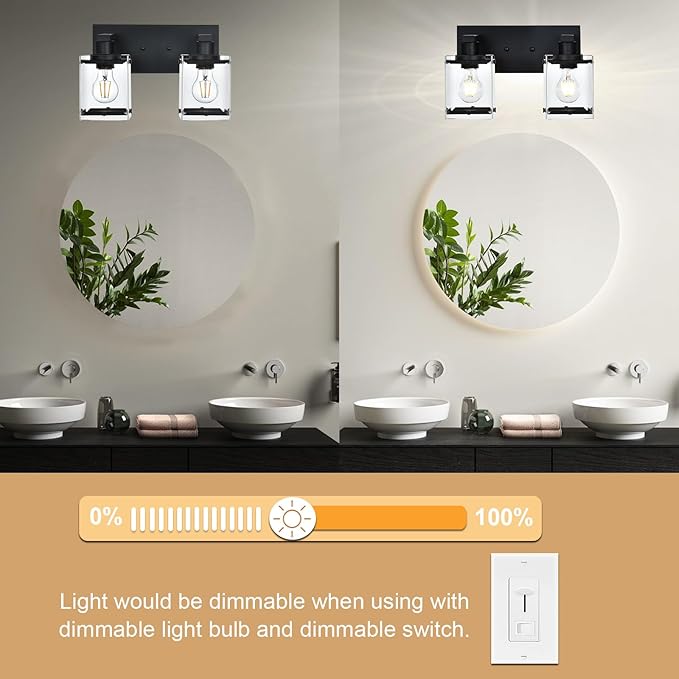 WINSHEN Black 2-Light Wall Sconce Bathroom Light Fixture, Rectangular Clear Glass Vanity Lighting Over Mirror, E26 Bulb Base