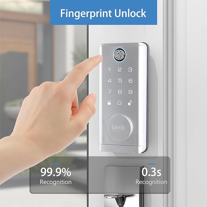UMIK UMIKSMART Fingerprint Door Lock with Handle Set, Keyless Entry Smart Door Lock, Electronic Keypad Deadbolt Locks, App Control for Front Door, Home (Matte Silver in Zinc)