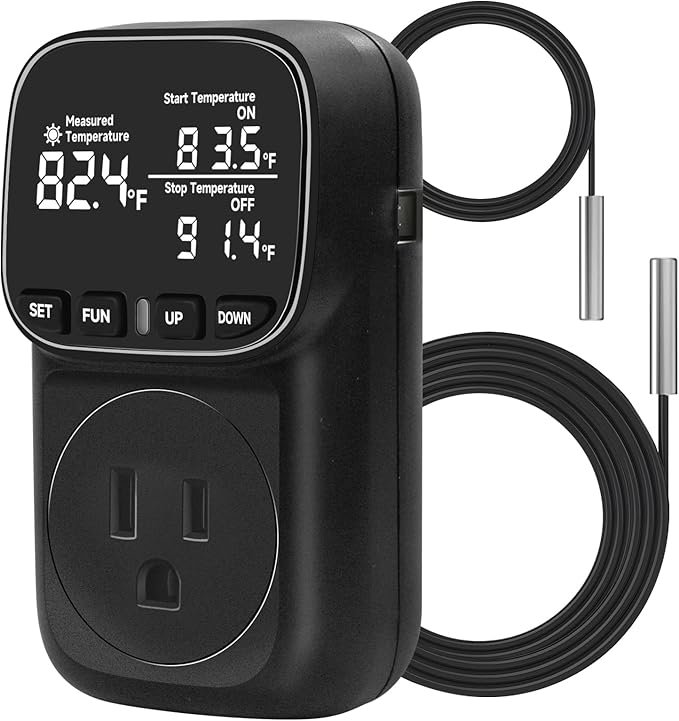 COMYAN Temperature Controlled Outlet , 15A/1800W Digital Thermostat Outlet, Cyclic Timing/Countdown, -40℉~210℉ VA Display Heating Cooling Control Timer with 2Pcs Probe Cable for Reptile Incubator