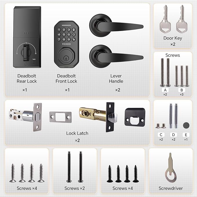VCHOO Keyless Entry Door Lock Set Smart Locks for Front Door Keypad Door Lock with Handle Auto Lock One Time Password Anti Peeping Password IP54, Black