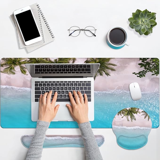 Britimes Blue Turquoise Ocean Keyboard Mouse Pad Set Beach Summer 4in1 Large Mousepad+Keyboard Wrist Rest+Mouse Wrist Rest+Coaster Ergonomic Design for Home Office Computer 35.4x15.7 inches