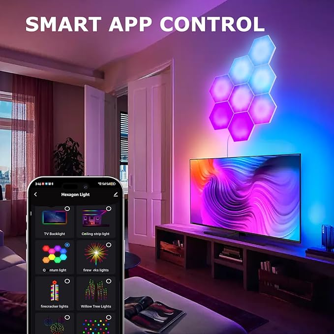 Smart Hexagon Lights DIY Hexagon Led Light App & Remote Controlled & Music Sync Features USB & Type C Modern RGB Wall Panels for Living & Gaming Decor (8Pack)