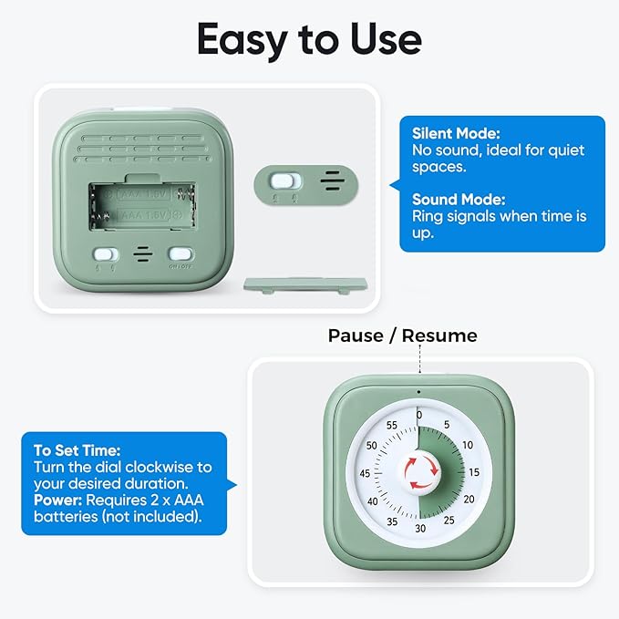 60 Minute Visual Timer for Kids, Silent Countdown Clock, Time Management Tool for Homeschool Study Supplies, Classroom, Home, Kitchen, Desk (Green)