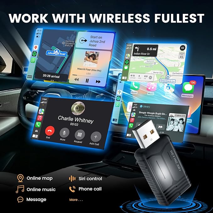 HEYINCAR+ H-Air Wireless CarPlay & Android Auto Adapter, 2025 Upgrade, Plug & Play USB Dongle, Convert Wired CarPlay Auto to Wireless, No Latency, Fast Connection, for Apple iPhone & Android Phones