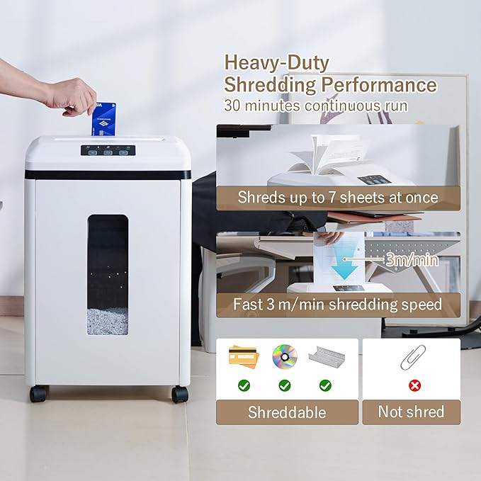 Effeluviate Professional Commercial Paper Shredder: P-7 Security Super Micro-Cut 1x1.7mm 7 Sheets/CDs/Cards/Staples 6-Gal Bin Heavy Duty for Home/Office/Industrial/Business Use-Confidential Documents