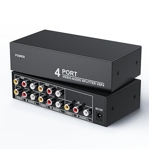 3 RCA Splitter Box 1 in 4 Out, 4 Way Composite RCA AV Distribution Duplicator 1x4, 1 Female to 4 Female, w/Power, Plug&Play, Strong, for Wii PS2 Xbox STB DVD C-VBS