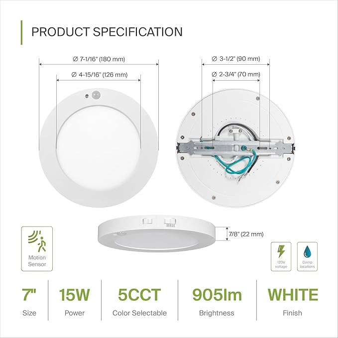 ASD LED 7" Round Flush Mount Ceiling Light Fixture, Low Profile Surface Lighting | 5CCT, Motion Sensored, Ultra-Thin, ETL Listed | 15W 900LM 2700-6000K 120V | Kitchen, Hallway Lamp | White, 12 Pack