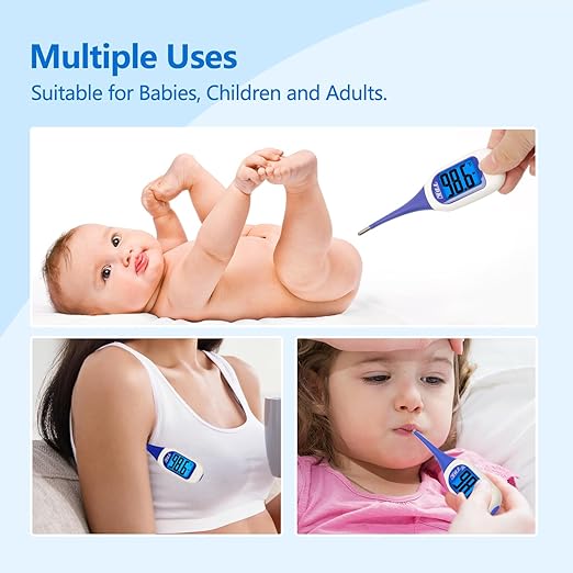 FDK Large LCD Screen Digital Thermometer for Fever, 10 Seconds Fast & Accurate Readings, Large LCD Dual Color Backlight Flexible Tip Ideal for Adults Kids and Babies FSA