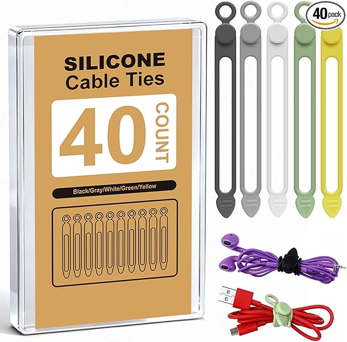 AUFORPET 40Pcs Silicone Cable Ties with Box, Reusable Cord Organizer Rope, Elastic Cord Ties for Electronics, Essentials Straps Wires for Fastening Home Office Kitchen Travel Appliances