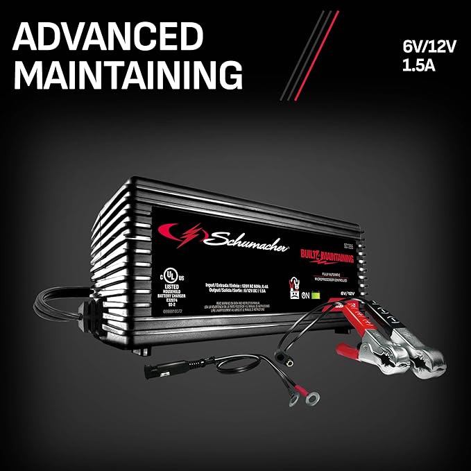 Schumacher Electric 1.5A Car Battery Charger and Maintainer, 3-in-1 Solution, for 6V/12V Power Sport, Automotive, and Marine Batteries, SC1355
