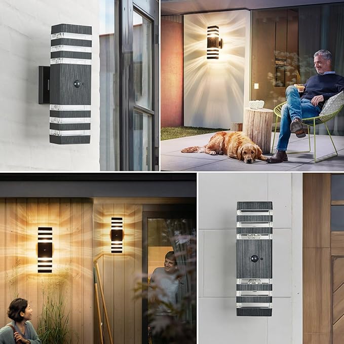 Delicavy Motion Sensor Outdoor Wall Light Fixture Up Down Porch Lights Modern Dusk to Dawn Exterior Sconce Wall Mount Outside Coach Lantern for House Front Door Garage (Include 2 Free Dimmable Bulbs)