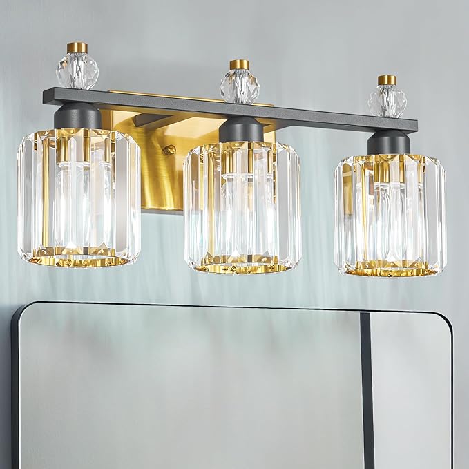 FDPBY Bathroom Vanity Lights 3-Light Sand Black Gold Modern Crystal Vanity Light Fixtures Over Mirror Crystal Bathroom Vanity Lighting Fixtures