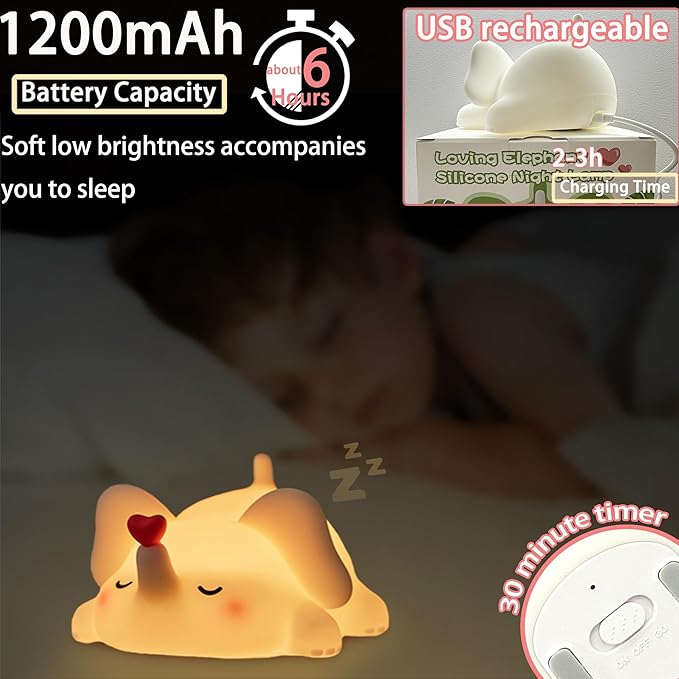 mydtiz Silicone Elephant Night Light for Kids Room Dimmable Rechargeable Nursery Animal Nightlight Gifts for Women Girls Boys Room Decor 3 Level Brightness Toddler Bedroom Bedside Touch Lamp