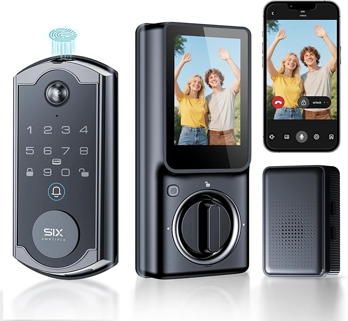 SMRTIPLX Video Smart Lock S398, 4-in-1 Camera + Video Doorbell + Fingerprint Keyless Door Lock + Indoor Display Monitor, Smart WiFi Deadbolt, App Remote Control, Easy Installation, Chime Included