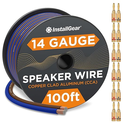 InstallGear 100ft 14 Gauge Speaker Wire with 12 Banana Plugs - Copper Clad Aluminum Cable for Clear Audio Sound - Easy-Install Car Speaker Wire and Home Theater Setup with Blue Black Jacket