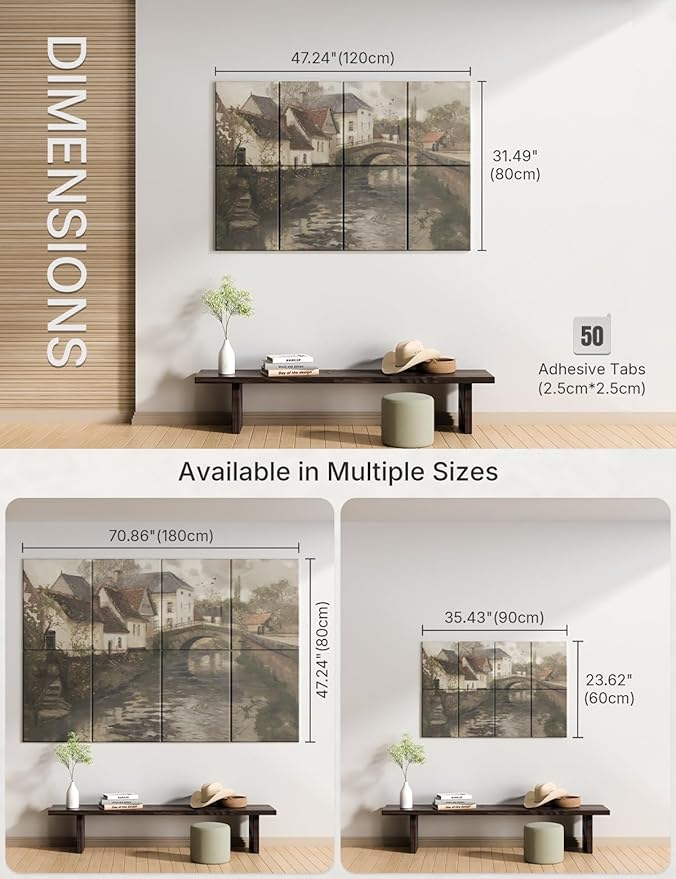 Wall Art Acoustic Panels,47''X31''Sound Absorbing Panels-8-Pack with 50 Adhesive Tabs, Decorative Sound Absorbing Panels for Living Room and Recording Studio, Offices-Small Town Near La Panne