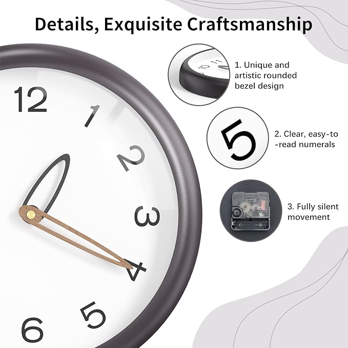 lanktoo Modern Wall Clock,Battery Operated,Tempered Glass,12" Silent Clocks for Living Room,Bedroom,Kitchen,Bathroom - Stylish Home Decor Gift (Space Gray)