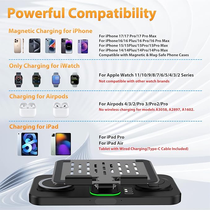 30W Charging Station for Apple Products, Foldable Wireless Charger with Clock Display&7 Color Light, Wired Charging for iPad/Tablet Charging Station for iPhone17, for Apple Watch11 for AirPods4(Black