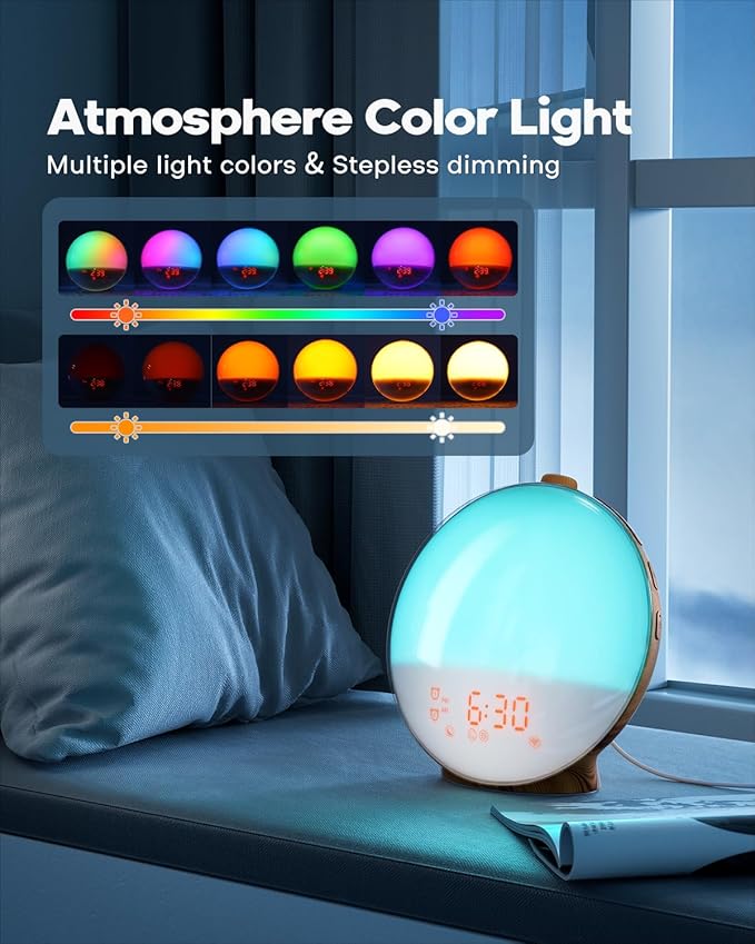Dekala Sunrise Alarm Clock Wood Grain, FM Radio, Wake up Light Sunlight Sunset Lamp, 7 Nature Sounds, Dual Alarms, Colorful Ambient Lamp, Bedrooms Decor, Snooze for Heavy Sleepers, Kids & Adults