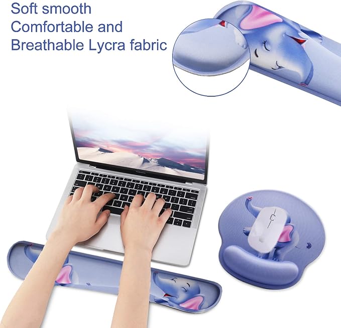 Mouse Pad Keyboard Wrist Rest, Gel Non Slip Rubber Wrist Support Rest Mouse Pad for Home Office, Computer Laptop Desk Typist Gamer, Cute Comfy Cushion Mousepad Memory Foam Ergonomic, Happy Elephant