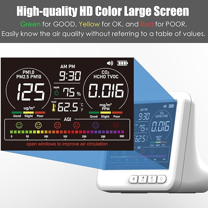 Professional Indoor Air Quality Monitor with 7X AQI,16 in 1 Portable Real-Time Detector for PM2.5 | PM10 | CO2 | TVOC | HCHO | Temp | Hum for Home Cars Plants Pets
