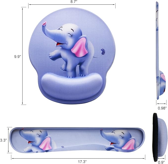 Mouse Pad Keyboard Wrist Rest, Gel Non Slip Rubber Wrist Support Rest Mouse Pad for Home Office, Computer Laptop Desk Typist Gamer, Cute Comfy Cushion Mousepad Memory Foam Ergonomic, Happy Elephant
