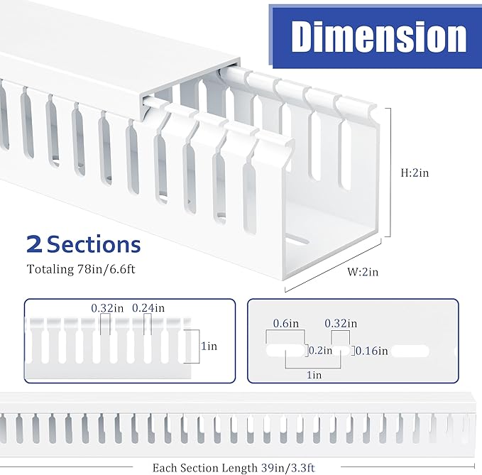 ZhiYo 2x2in Professional Server Rack Cable Management Raceway, 6.6ft (2 x 3.3ft) Cable Raceway Kit, Electrically Safe PVC Open Slot Wire Cover, Cord Hider for Under Desk/Computer/Network Cords White