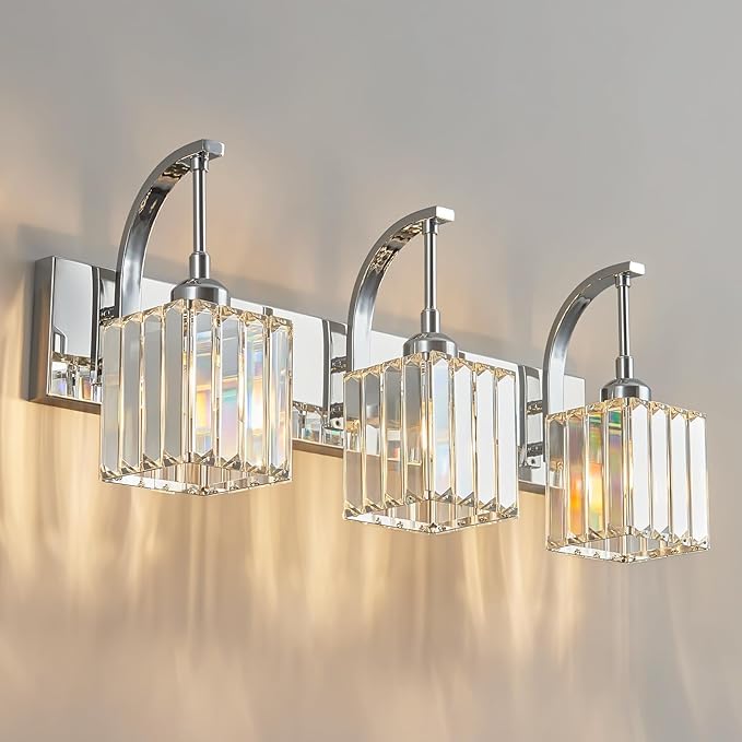 FDPBY Crystal Vanity Lights 3-Light Chrome Bathroom Vanity Lights Modern Crystal Bathroom Light Fixtures Over Mirror 23.62" Long Vanity Light for Bathroom
