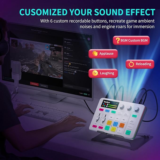 Bonkyo Gaming Audio Mixer & USB Interface with XLR Microphone, Bluetooth 5.0, RGB Effects, 48V Phantom Power, Voice Changer, G1 Sound Card for PS5, TikTok Live Streaming, Podcasting（White）