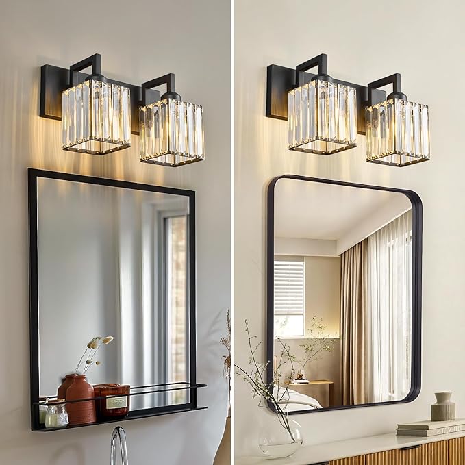 FDPBY Modern Bathroom Vanity Light 2-Lights Black Crystal Bathroom Wall Light Vanity Light Fixtures