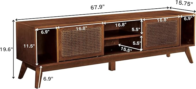 LKTART 68 Inch Mid Century Modern TV Stand with Rattan Doors, MCM Entertainment Center Media Console for 60/65/70/75 inch TVs, Long Boho Television Stand for Living Room, Light Walnut