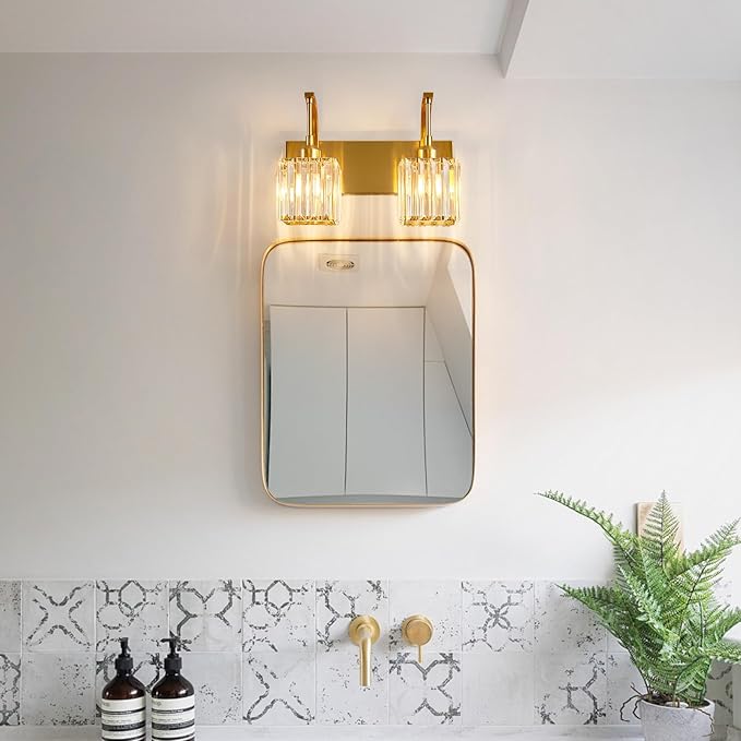 FDPBY Crystal Vanity Lights 2-Light Gold Wall Lamp Modern Crystal Bathroom Light Fixtures Over Mirror 13.77" Long Bathroom Wall Sconce