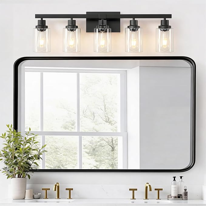 DIKAIDA 5-Light Black Bathroom Vanity Light, Modern Vanity Lighting Fixture for Bathroom, 31" Matte Light Fixture, Wall Sconces with Clear Glass Shade, Black Bathroom Wall Light Over Mirror