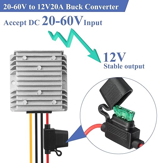 YBBOTT 20A 240W DC 20V-60V Step Down to 12V Converter DC Converter Voltage Regulator Transformer with Fuse Power Adapter for Car Truck Vehicle Boat