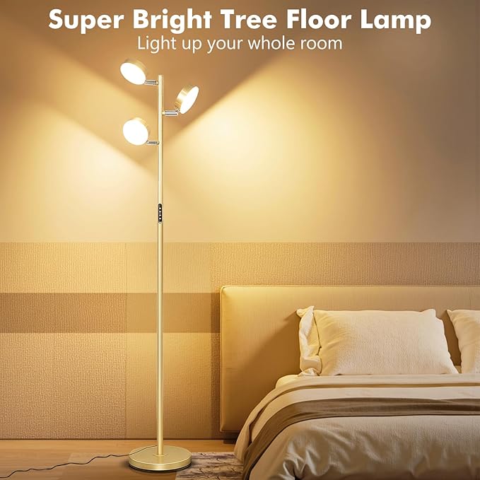 Benaep Tree Floor Lamp for Living Room - Modern Glod Standing Lamp, LED Floor Light with Remote & Touch, 3000K-6000K Dimmable for Bedroom Office Reading (3 Head)
