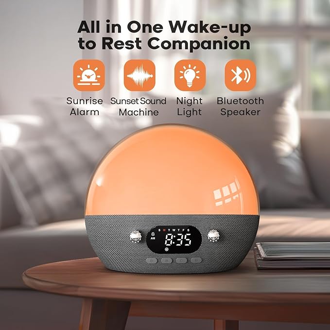 Dekala RestOnn Sunrise Alarm Clock Sunset Sound Machine 7-Day Programmable Loud Dual Alarm Clock, White Noise Natural Sounds for Sleeping Bluetooth Speaker Amber Night Light