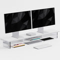 FENSULN Dual‑Tier Monitor Stand for Modern Desk Setup – Minimalist Wooden and Metal Riser Shelf with Transparent Acrylic Feet for Dual Monitors, Laptops, Home Office Aesthetic，White