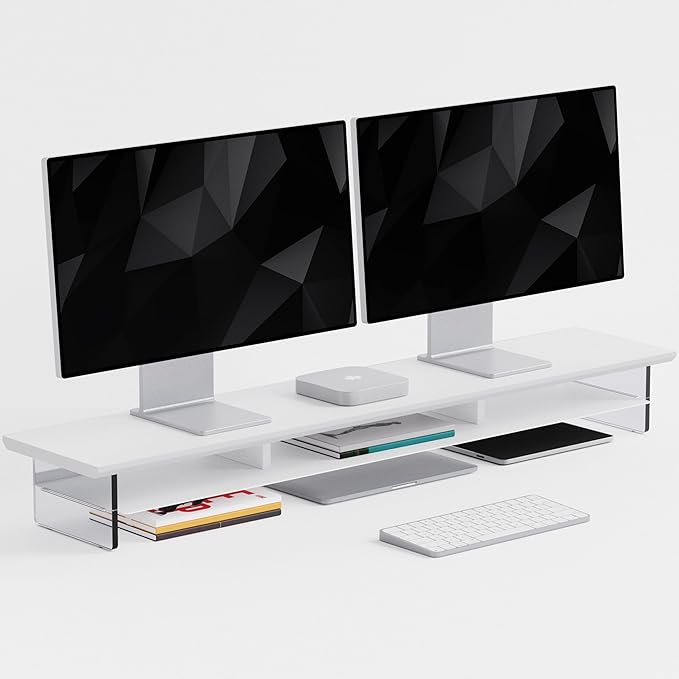 FENSULN Dual‑Tier Monitor Stand for Modern Desk Setup – Minimalist Wooden and Metal Riser Shelf with Transparent Acrylic Feet for Dual Monitors, Laptops, Home Office Aesthetic，White