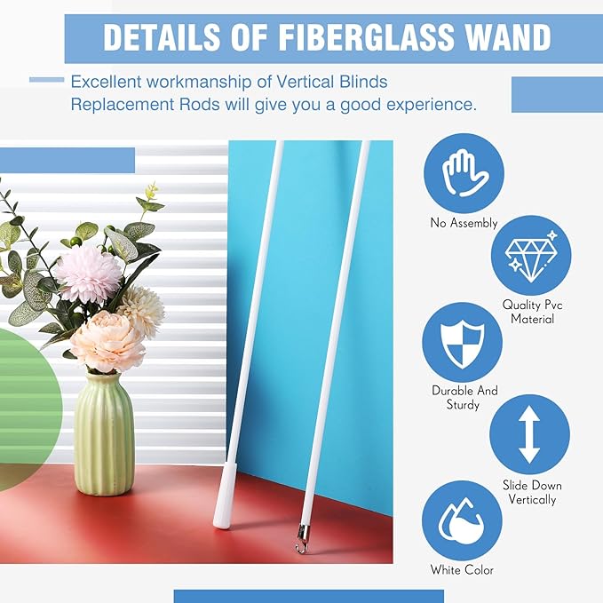 Bokon 2 Pieces White Fiberglass Blind Wand Vertical Blinds Stick Replacement with Hook and Handle for Window Opener Accessory(48 Inch)