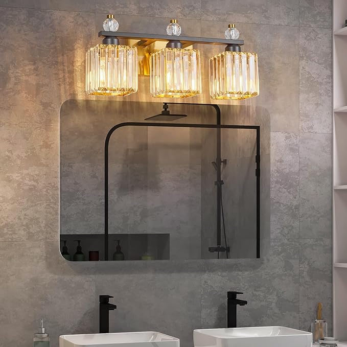 FDPBY 3-Light Modern Crystal Vanity Light - Black Gold Bathroom Light Fixtures Over Mirror