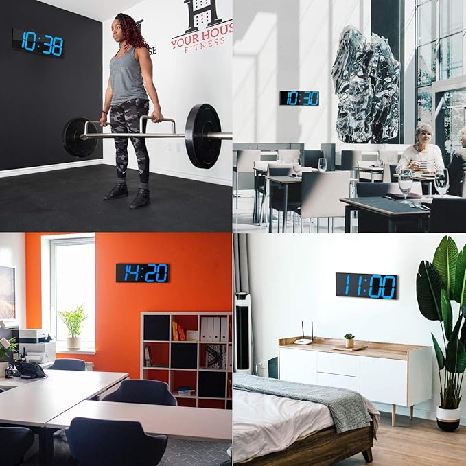 CHKOSDA LED Large Digital Wall Clock, Oversize Wall Clock with 6” Numbers, Remote Control Count up/Countdown Timer Clock, Auto Dimmer, Big Calendar and Thermometer(Ice Blue)